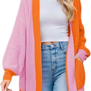 Howstar (Amazon) | Pink & Orange Baloon Long Sleeved Knit Oversized Cardigan
